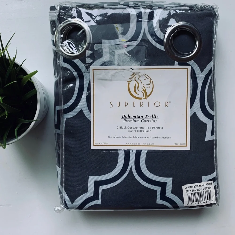 SUPERIOR Bohemian Trellis Grey Navy Blue White Curtain Panels 42 x 108 NEW NIP